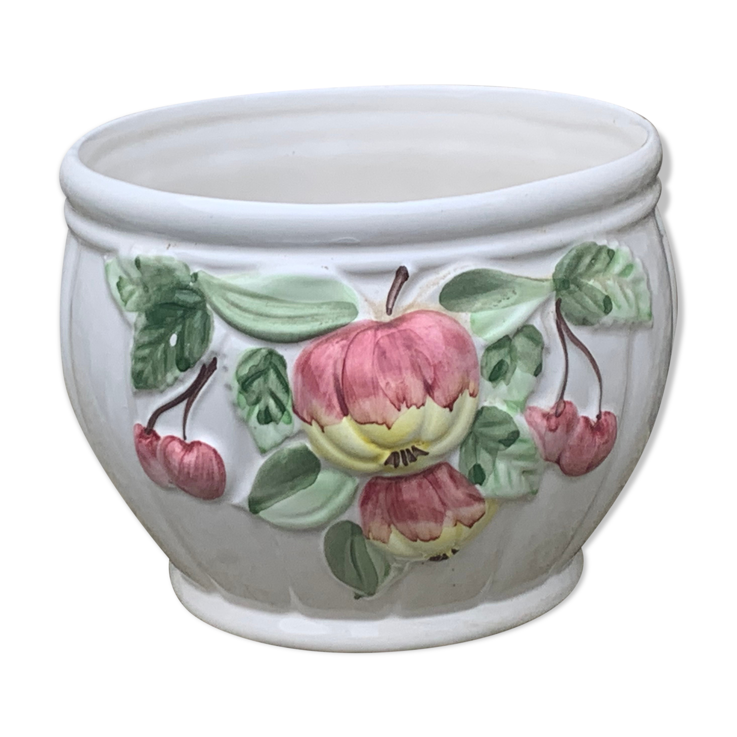 White glazed ceramic pot cover slurry vintage fruit