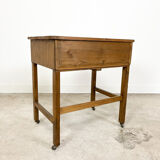 Vintage industrial wooden side table with drawers on casters