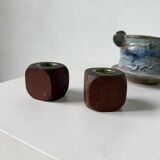 Pair of 1960s teak and brass "dice" candlesticks