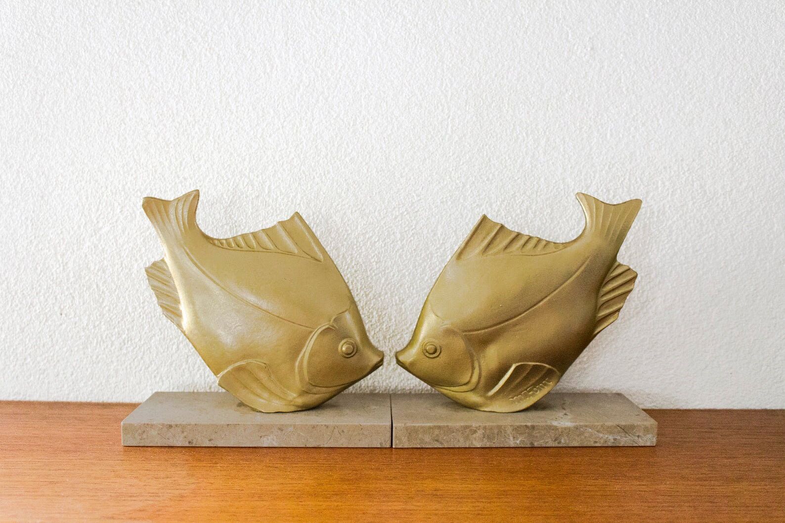 Art Deco Bookends Signed M. Font, Fish on marble base, Gold
