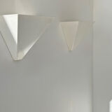 Pair of vintage geometric wall lights, white lacquered metal, France 1970