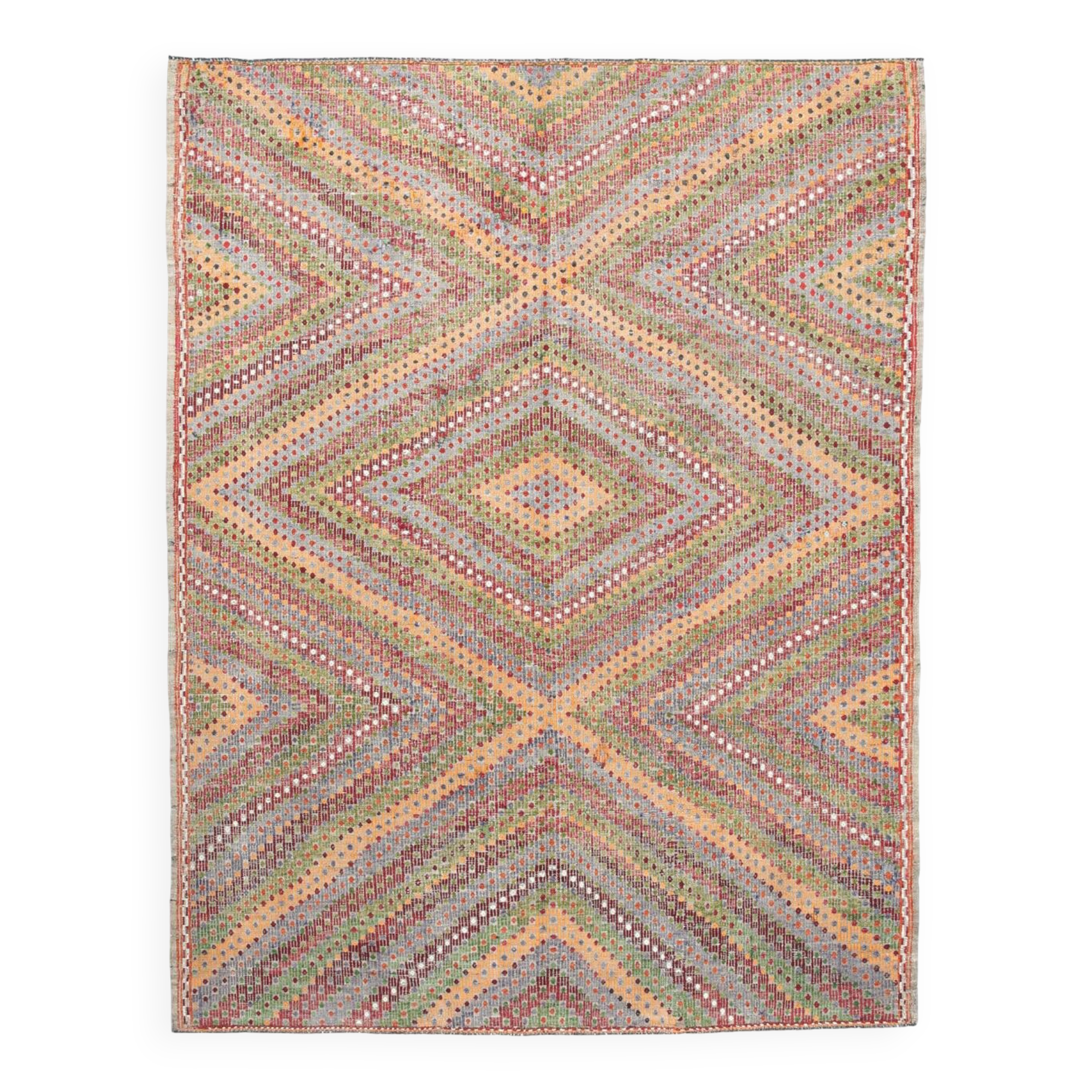Tapis Kilim vintage vert et orange 7x9, 203x263 cm