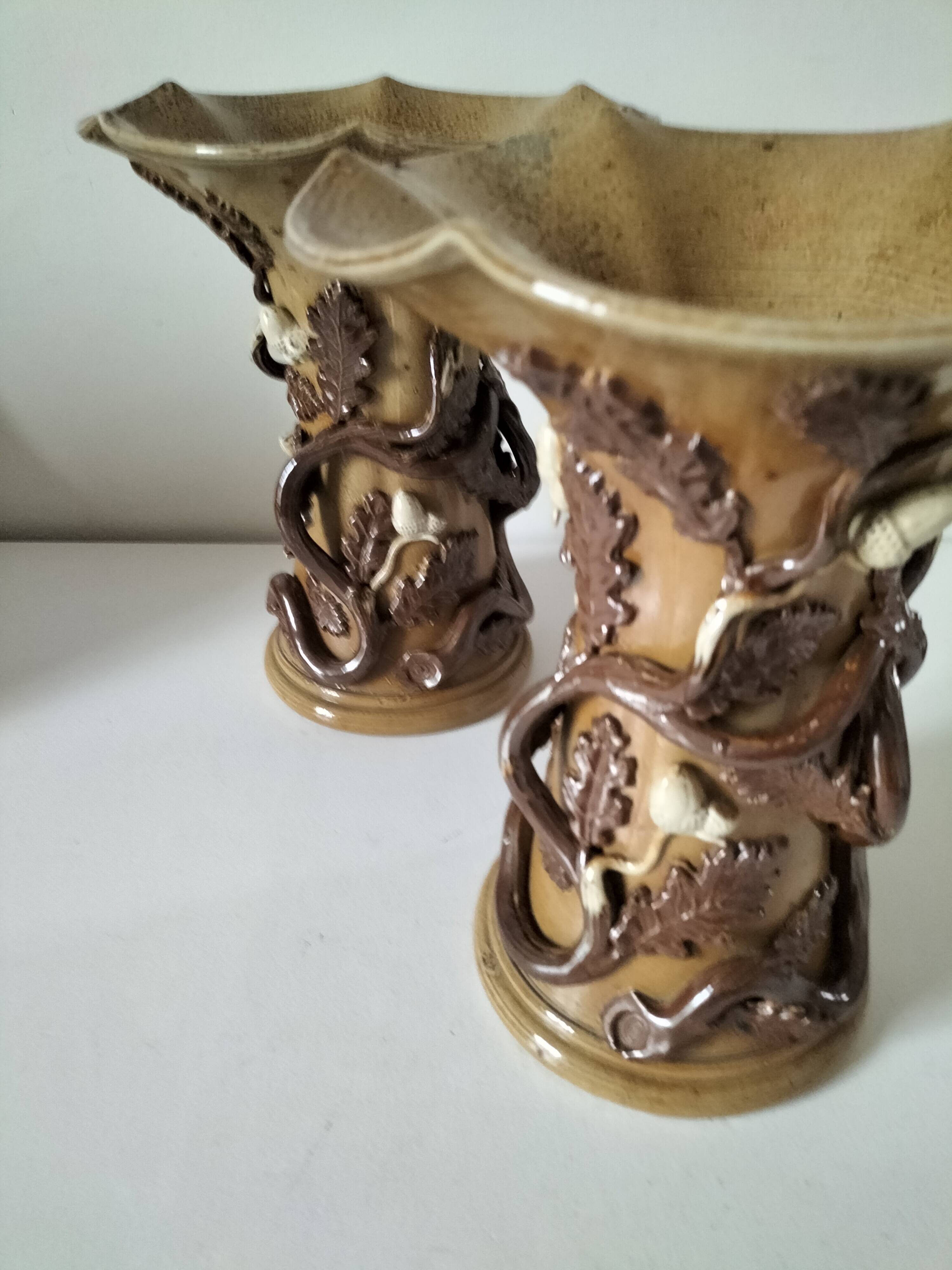 Duo of naturalistic stoneware vases – oak branches & acorns in relief