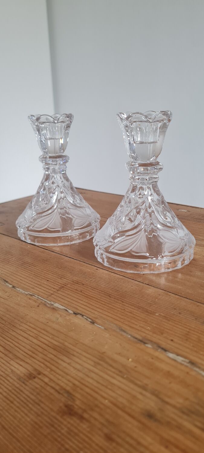 Pair of chiseled crystal candlesticks