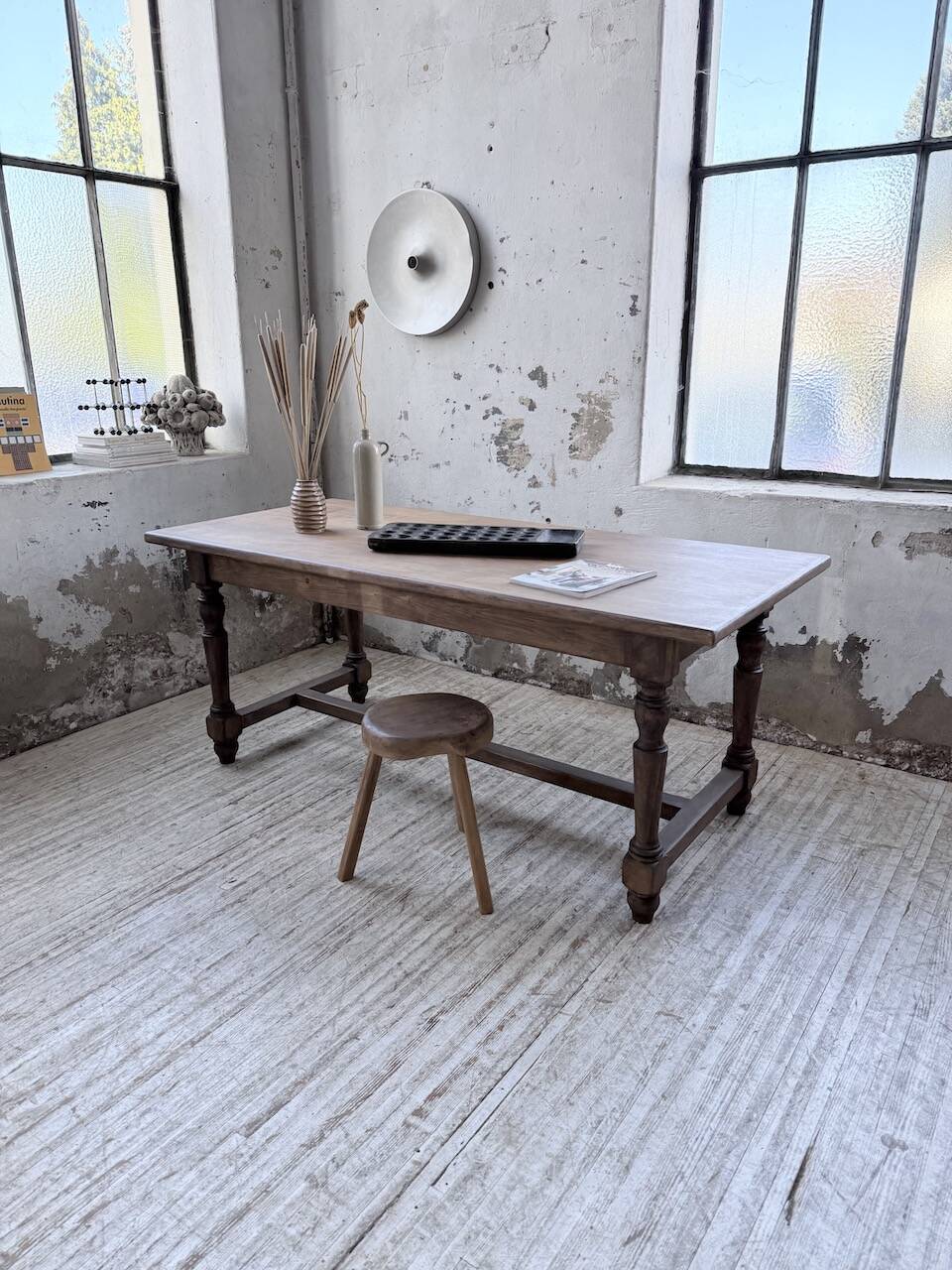 Farm table with turned legs, made of pine and birch, 180cm.