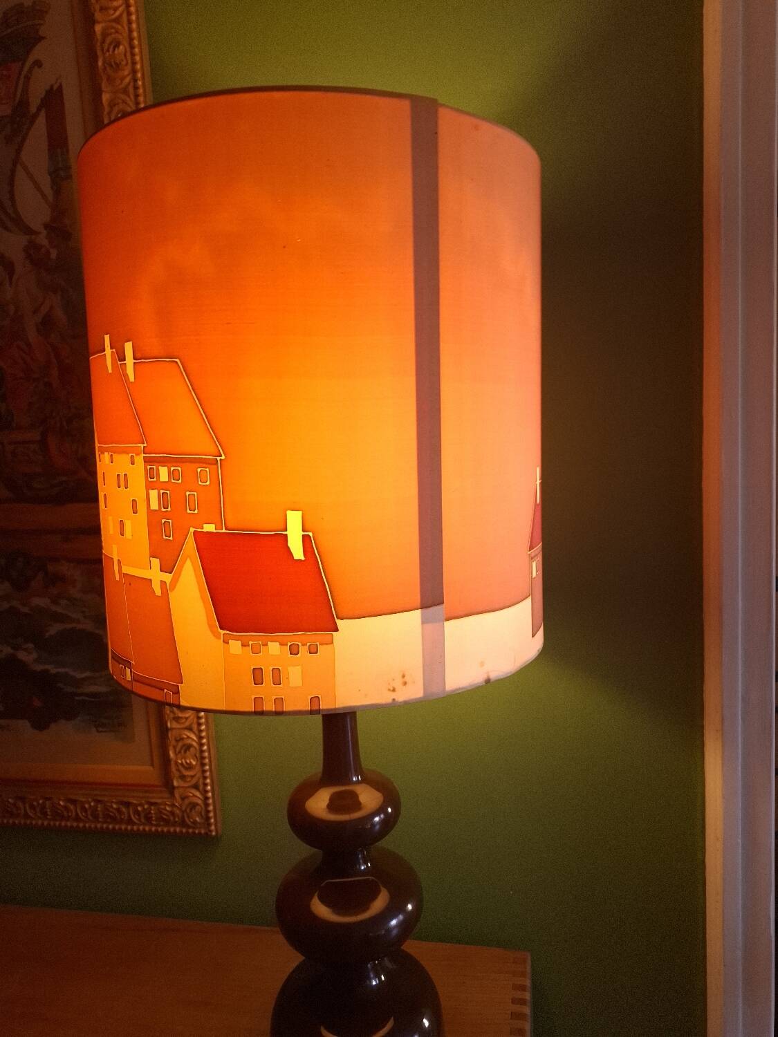 Vintage 70s lamp with a silk shade.
