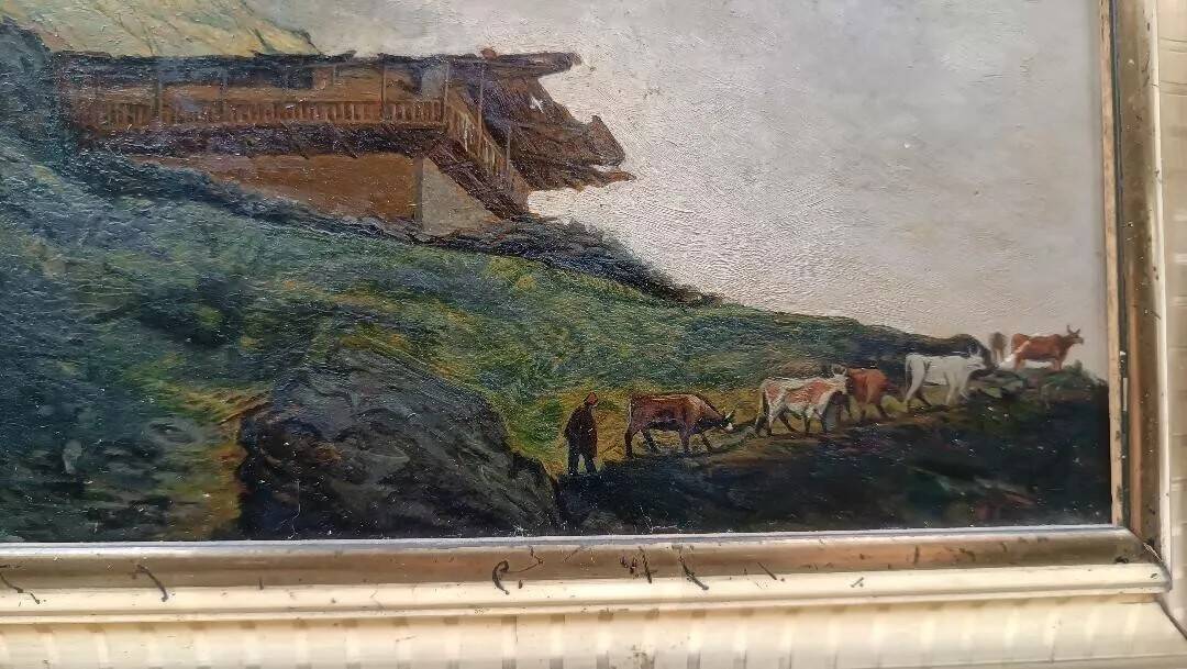 Old oil painting on cardboard mountain landscape late 19th century