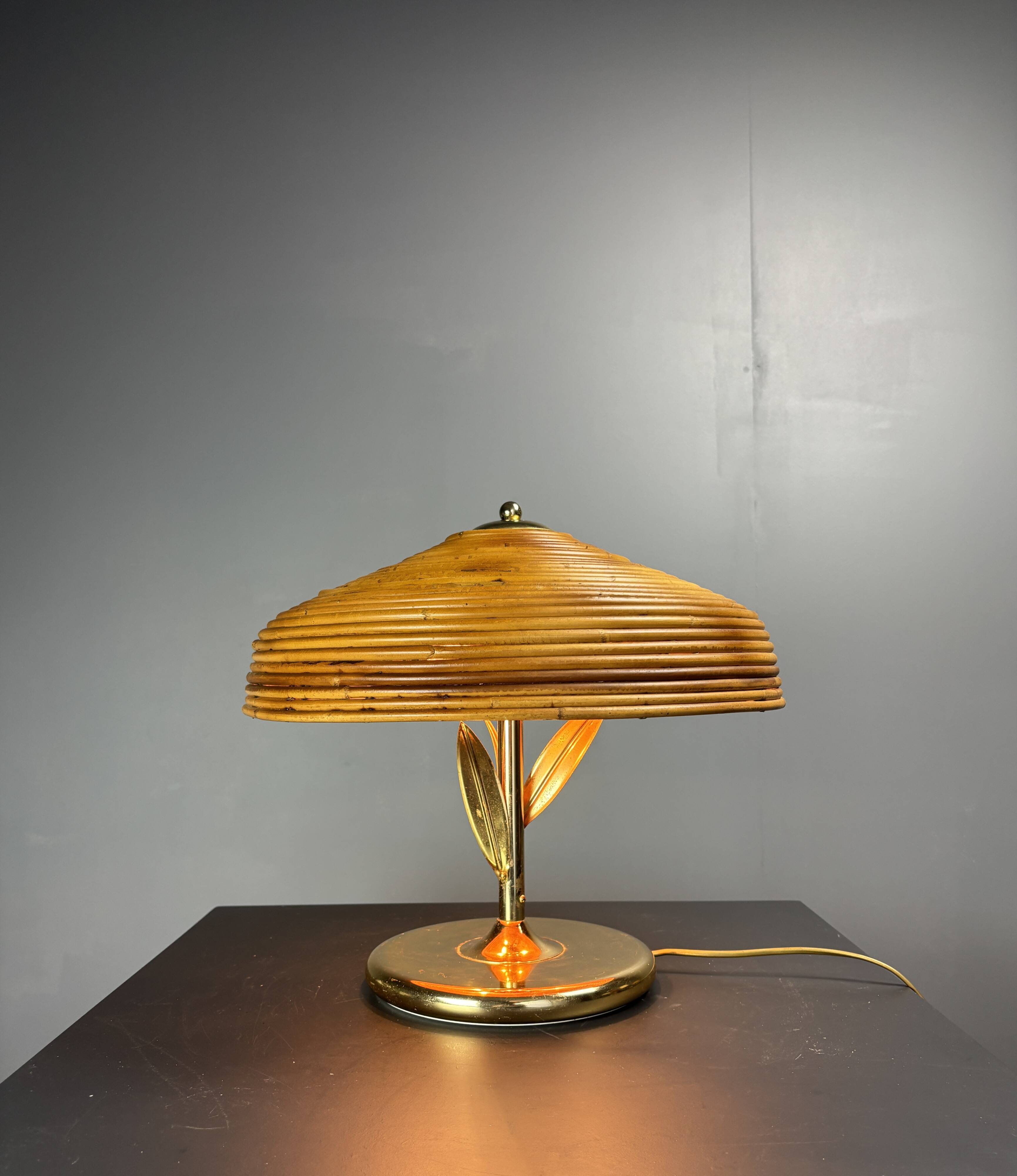 Pencil reed rattan bamboo and brass flower table desk lamp, Italy, 1980s