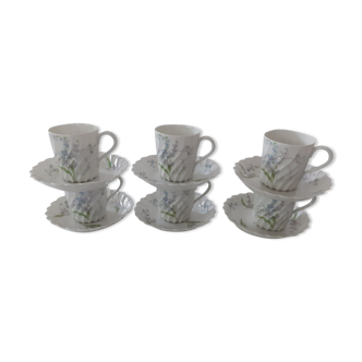 6 cups mocha Haviland model torso margaux blue flowers Limoges France