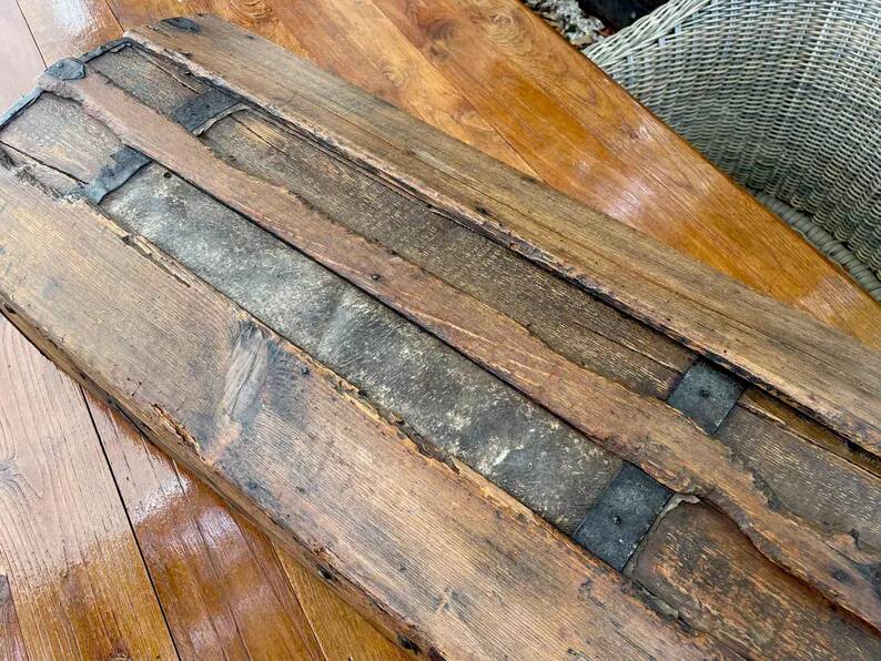Antique French Wood Iron and Hide Handmade Wood Chest or Trunk