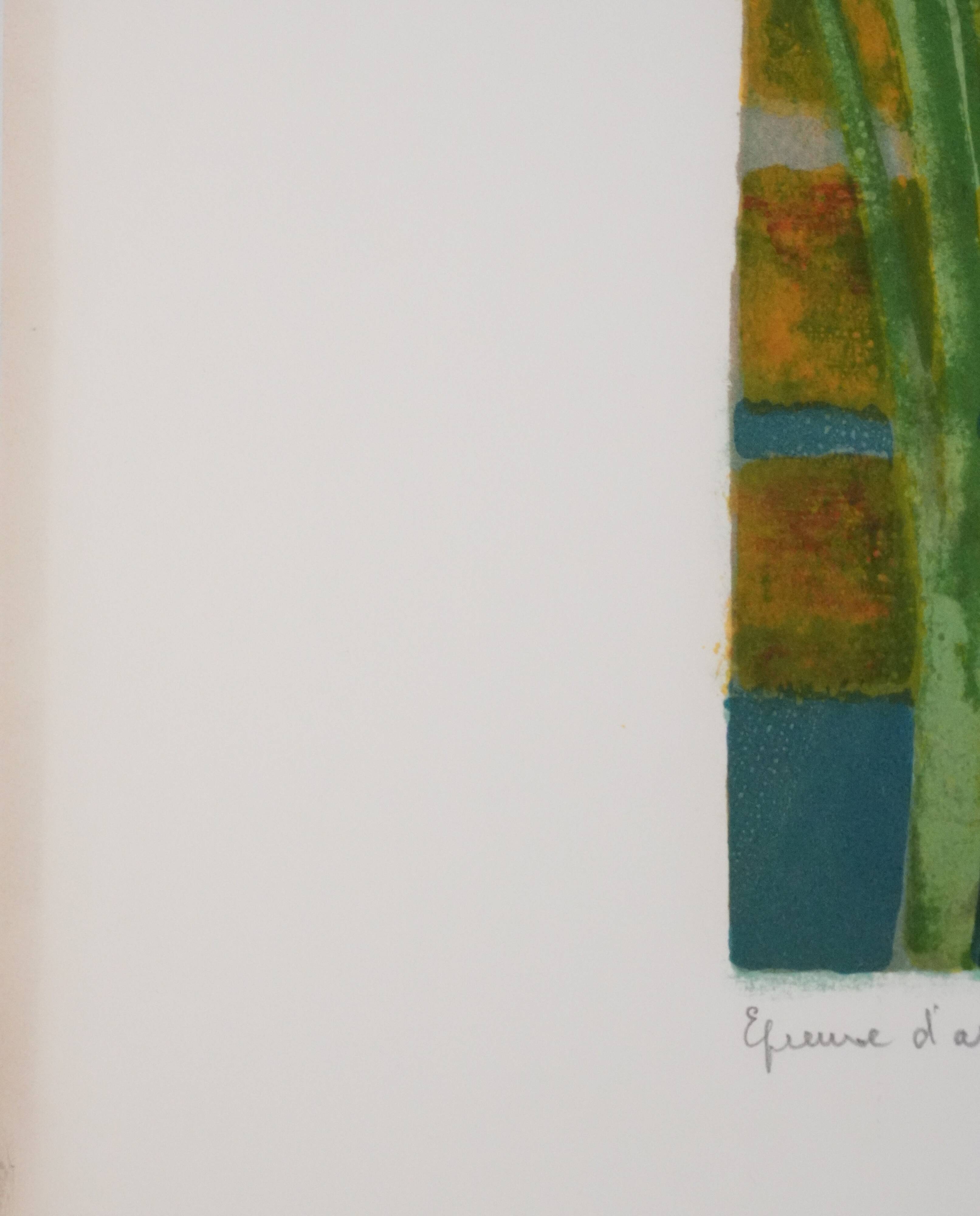 Paul collomb : les iris bleues, lithographie originale signée