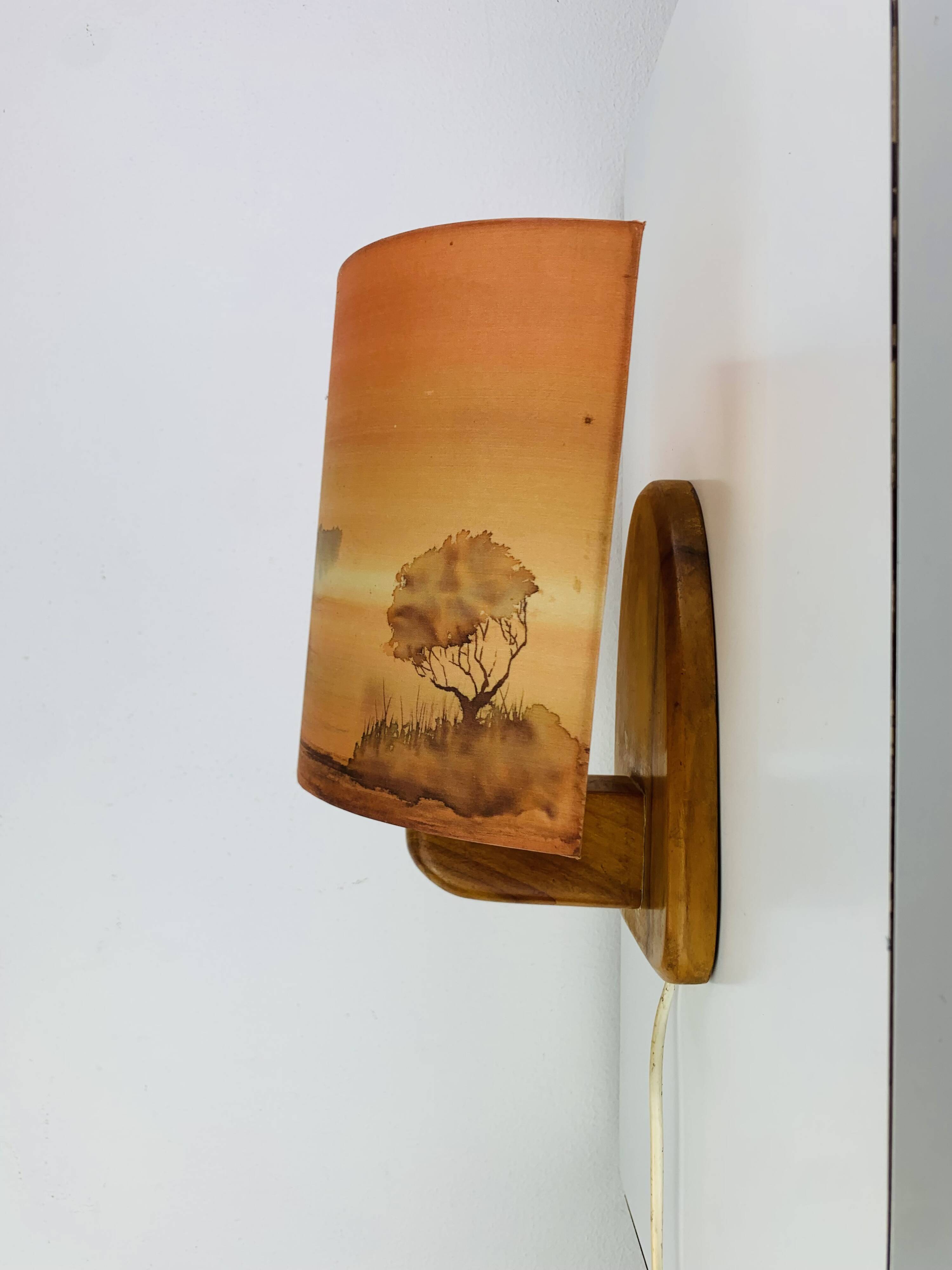 Wooden wall lamp and silk lampshade, vintage, 1960s.