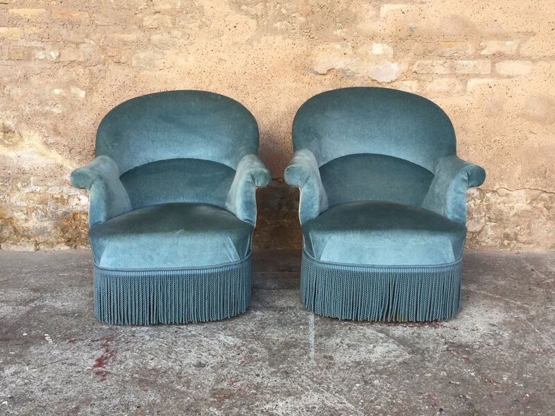 Pair of toad armchairs in blue velvet