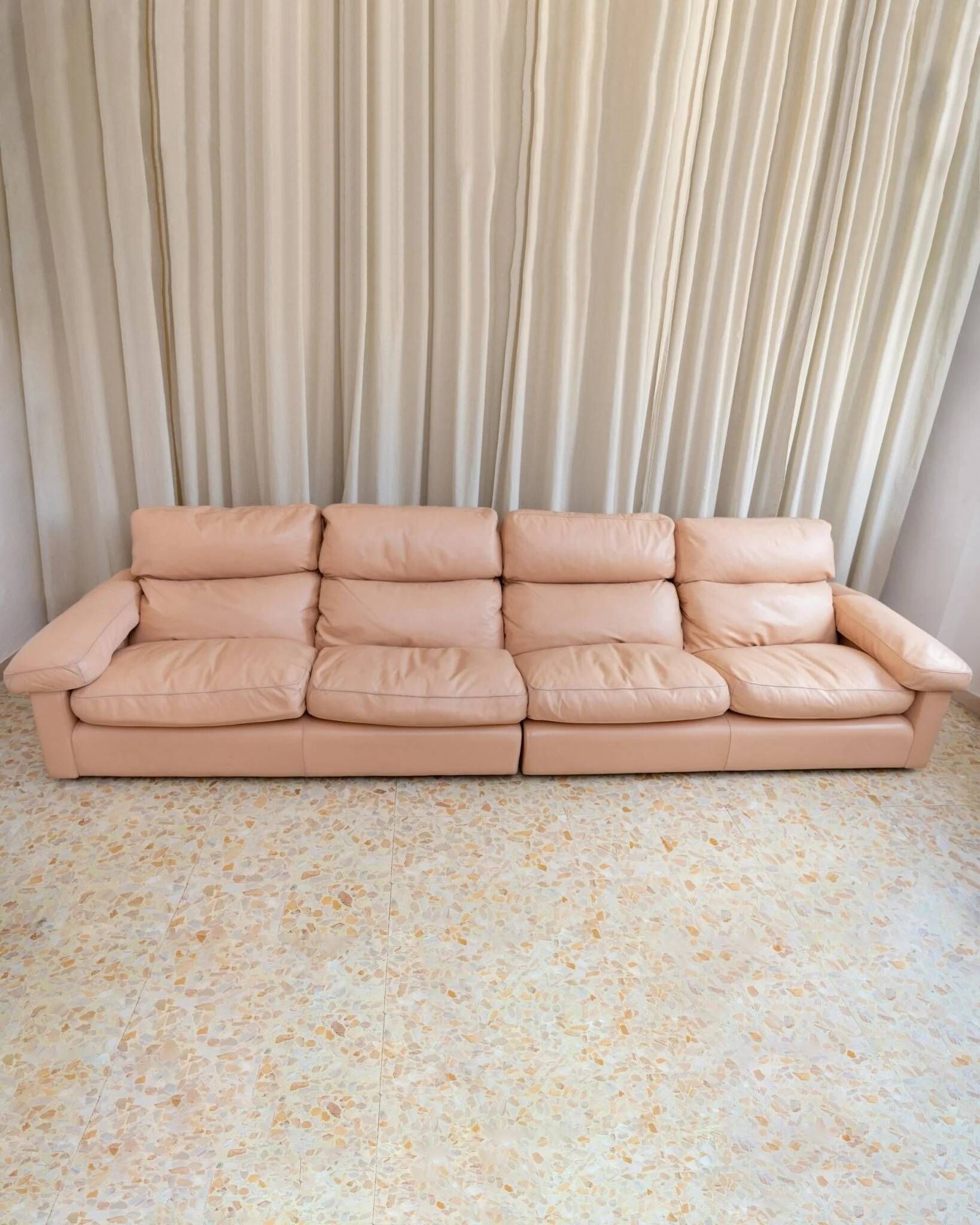 Vintage blush leather modular sofa Petronio by Tito Agnoli for Poltrona Frau, 1970s mid-century design
