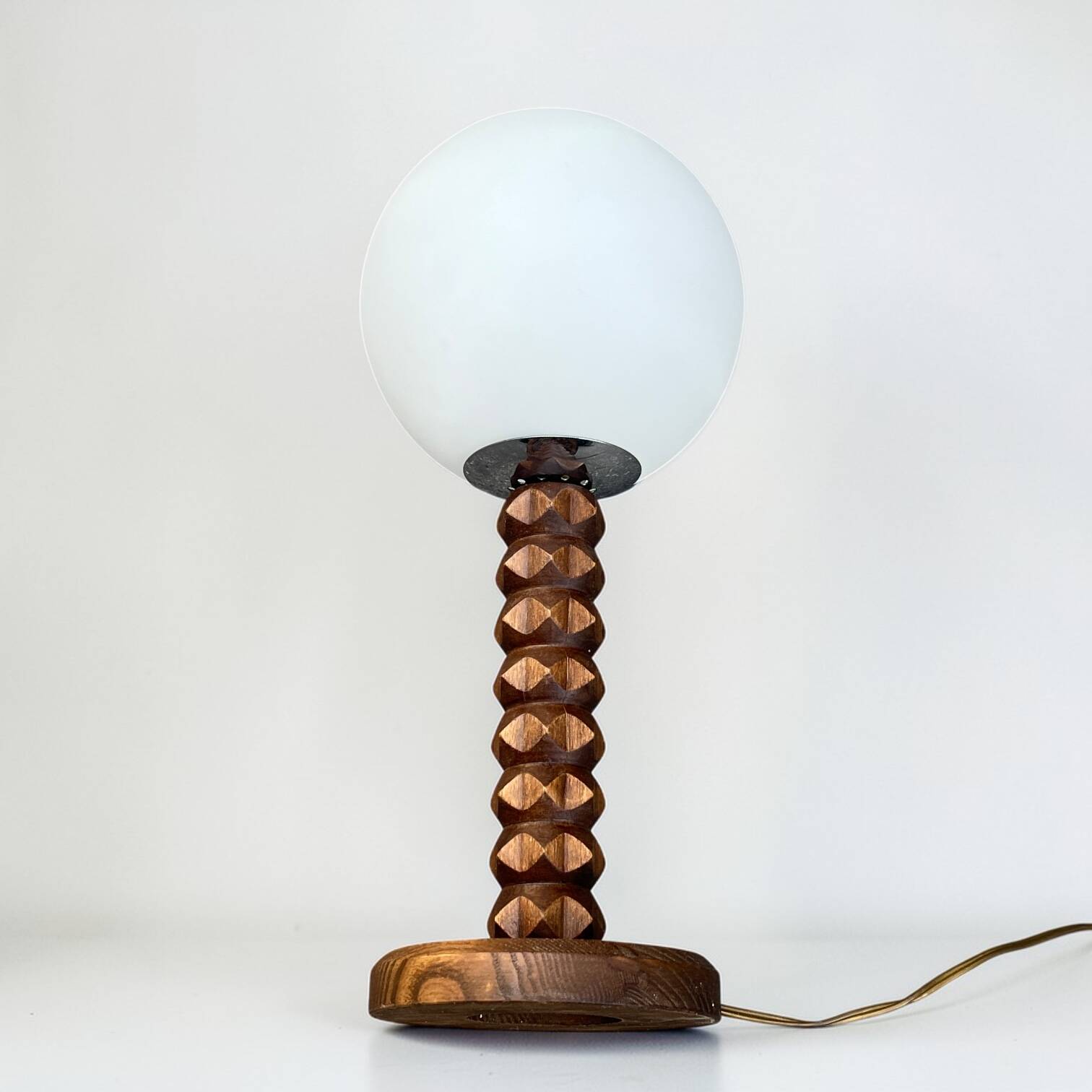 Wooden lamp in wabi-sabi brutalist style by Charles Dudouyt with white opaline.