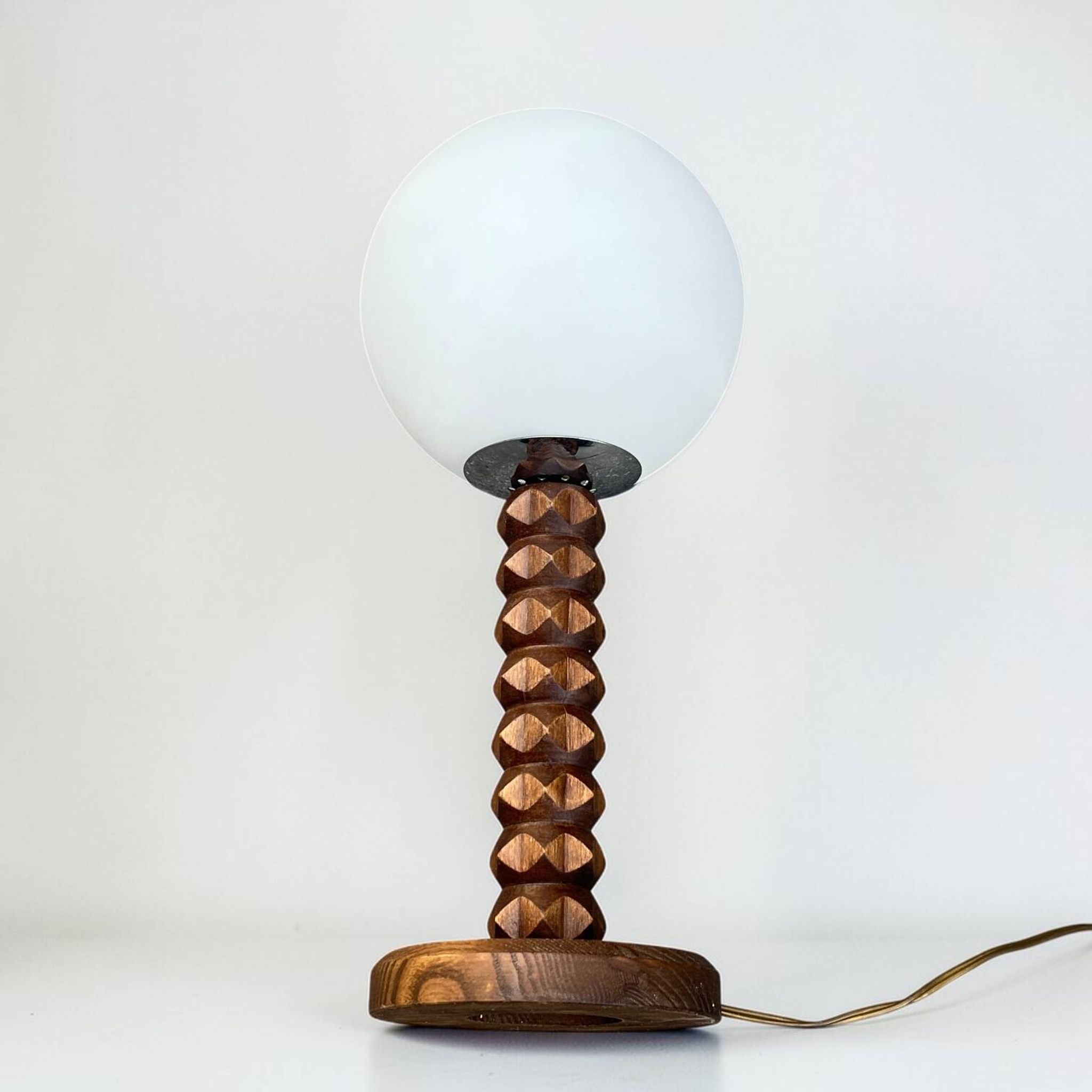 Wooden lamp in wabi-sabi brutalist style by Charles Dudouyt with white opaline.