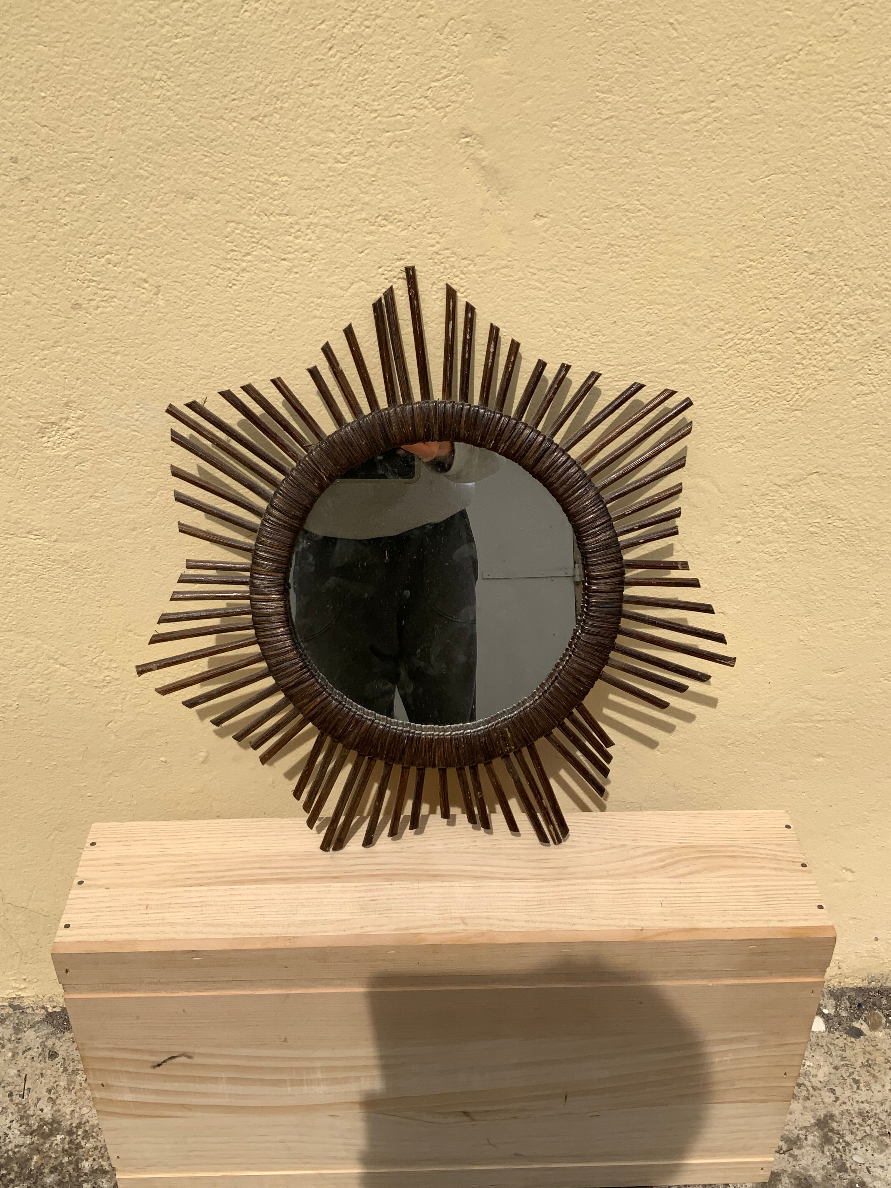 Vintage sun mirror in woven rattan diameter 45 cm retro decoration