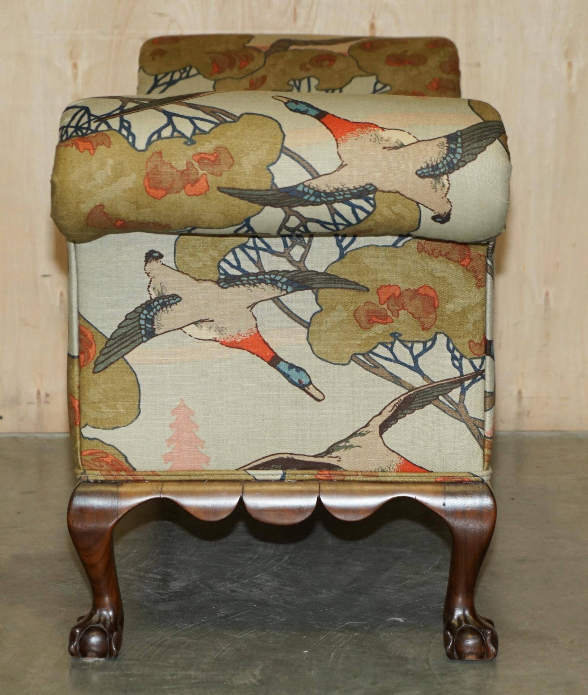 Antique banquette with cluster and ball feet, window seat in Mulberry Flying Ducks fabric.