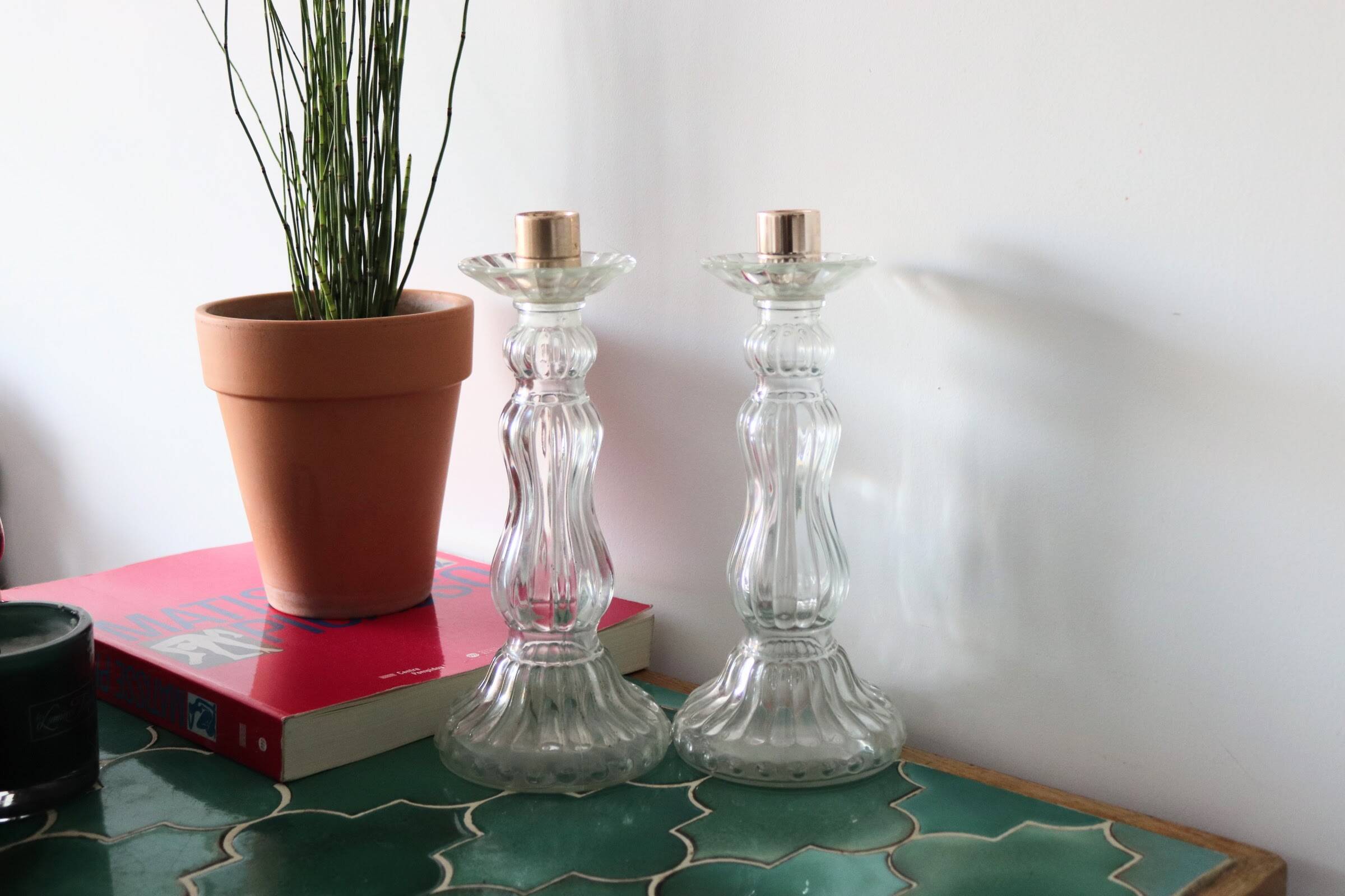 Pair of Roger Gallet glass candle holders