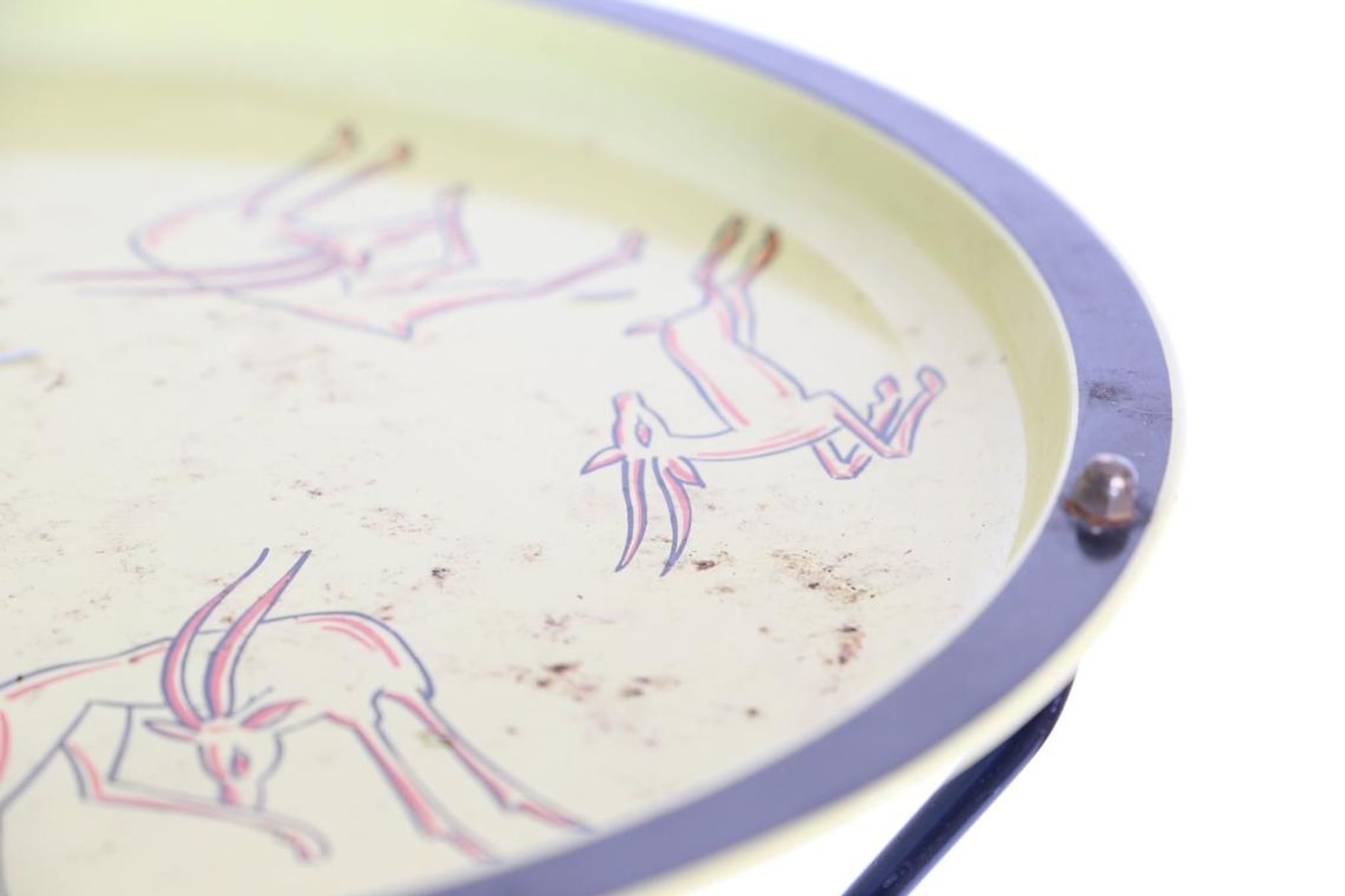 Black and yellow enamelled metal table, vintage, African Antelope motif, 1960
