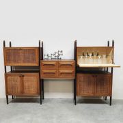 Rare Italian midcentury design modular teak webbing wall unit cabinet