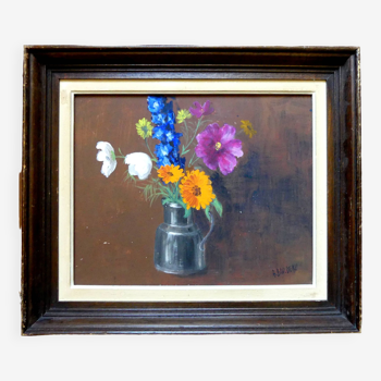Painting colorful flowers on hardboard still life signed framed