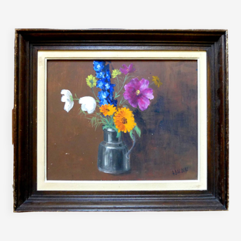 Tableau fleurs colorées sur isorel nature morte signée encadrée