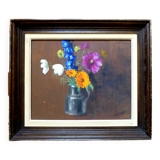 Painting colorful flowers on hardboard still life signed framed