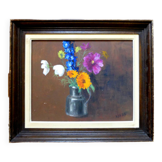 Tableau fleurs colorées sur isorel nature morte signée encadrée