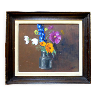 Painting colorful flowers on hardboard still life signed framed