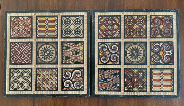 Duo of panels Imigongo carved wood Rwanda 1970