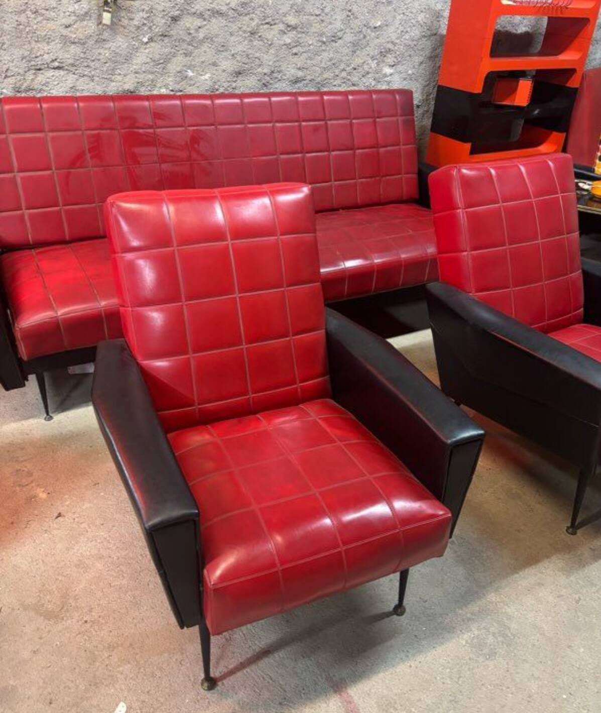 Vintage sofa and 2 armchairs with compass feet