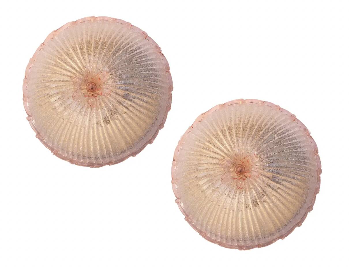 Set of 2 Large Size iItalian Pink and Murano Glass Ceiling Flower