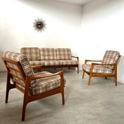 Lot armchairs and sofa 60 years Scandinavian design in vintage blond teak