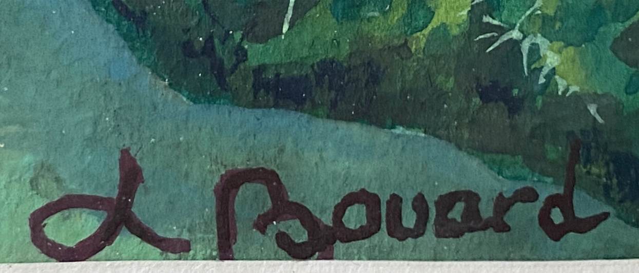 Gouache painting "View of the Valley" signed L. Bouard + frame
