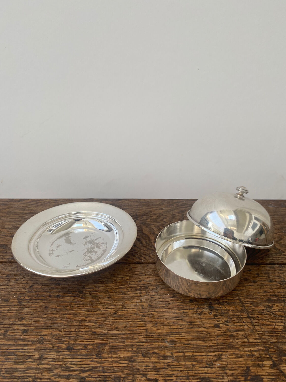 Silver metal butter dish