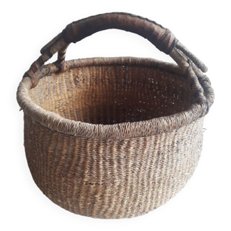 Antique leather wicker basket with handle