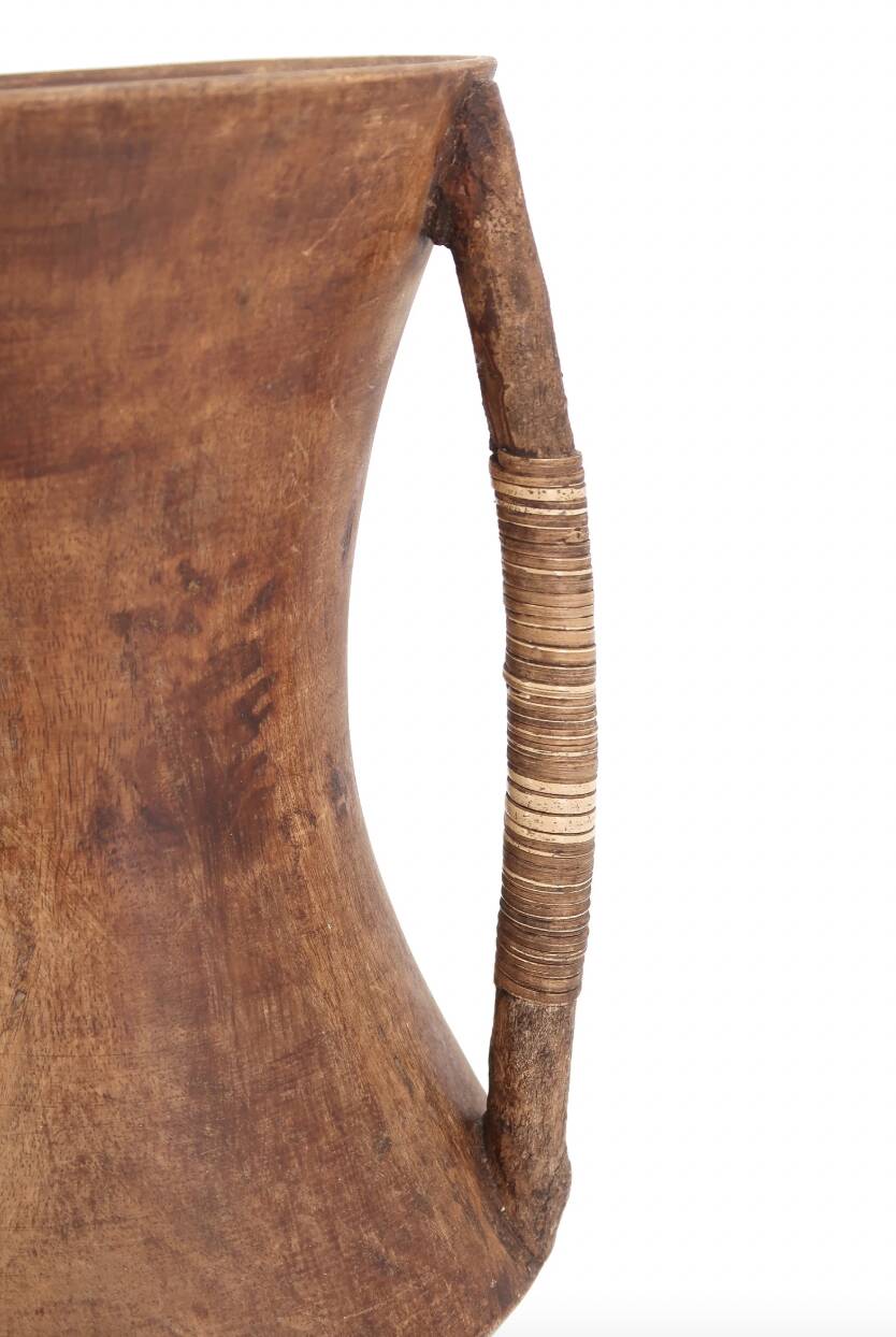 Wooden amphora vase, handles covered with wicker, 1970s.