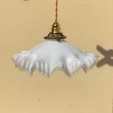 Vintage opaline glass pendant lamp pleated snowflake shape new golden threads and socket