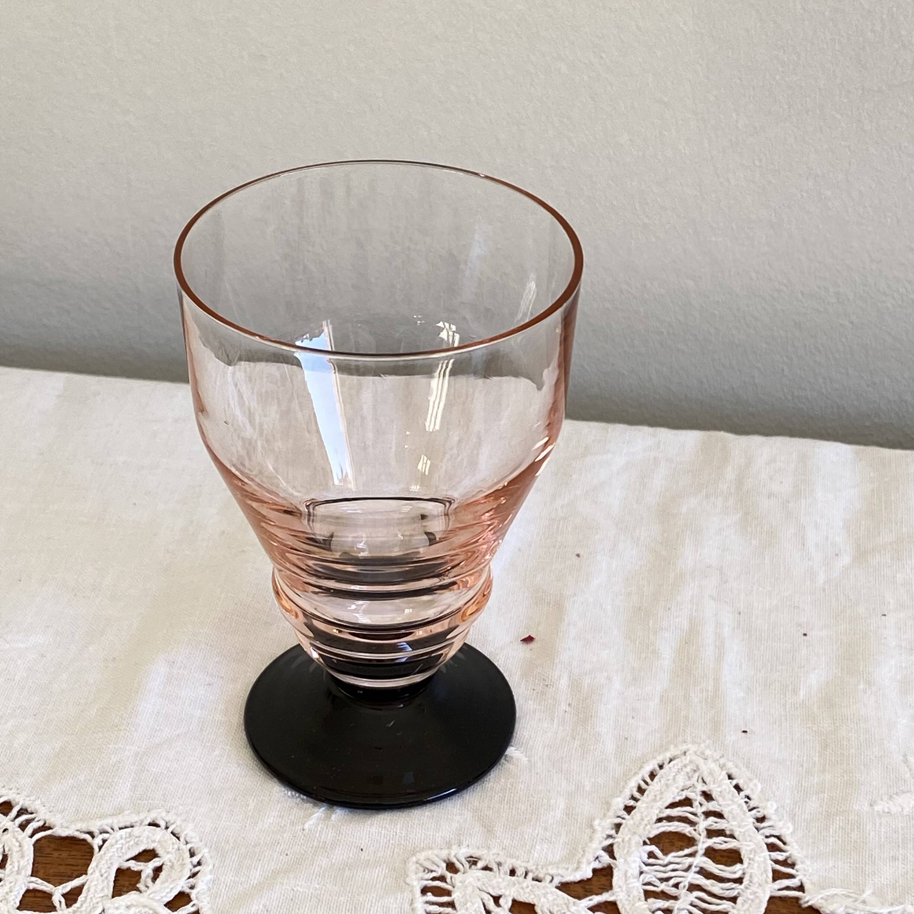 9 pink art deco wine or water glasses with black stem