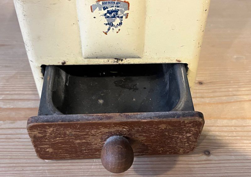 Peugeot coffee grinder in cream lacquered metal