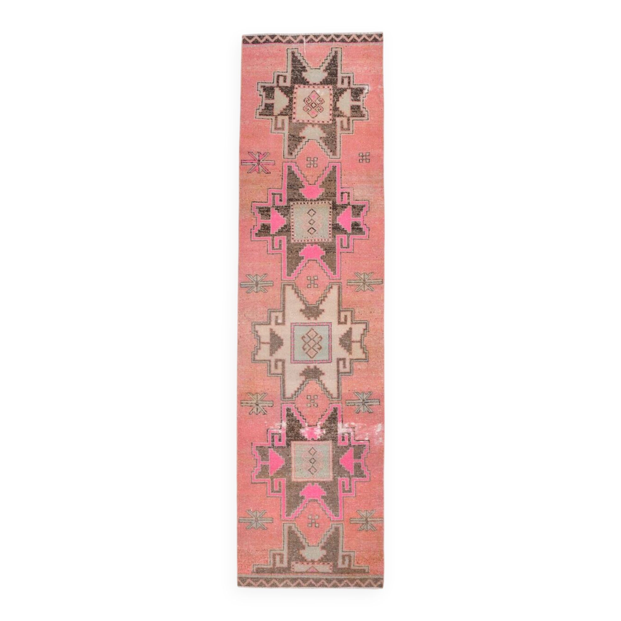 3x10 Salmon & Brown Ikat Pattern Vintage Runner Rug, 82x312Cm