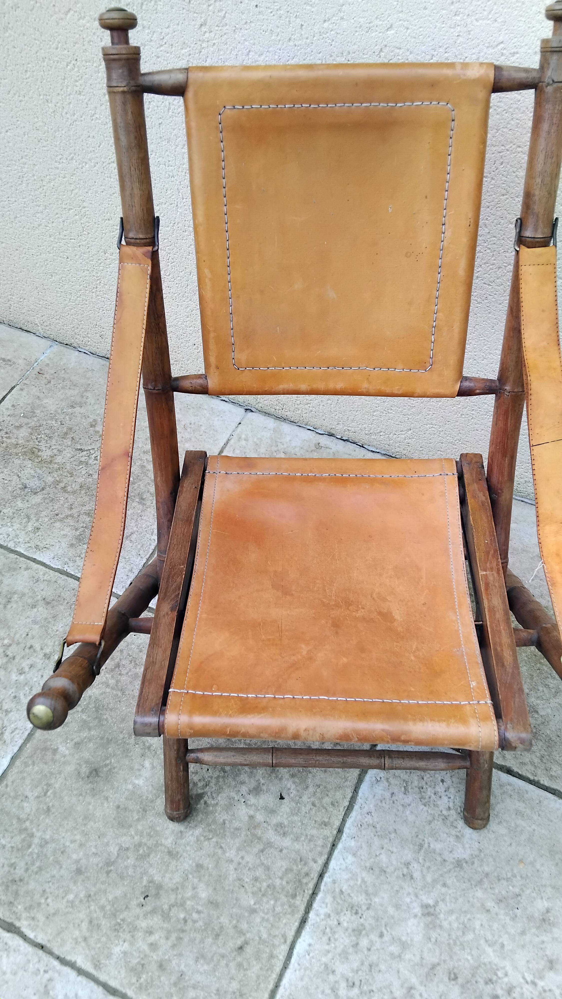 Vintage leather and wood folding chair SAFARI pair