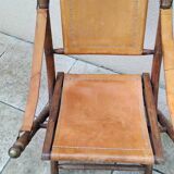 Vintage leather and wood folding chair SAFARI pair