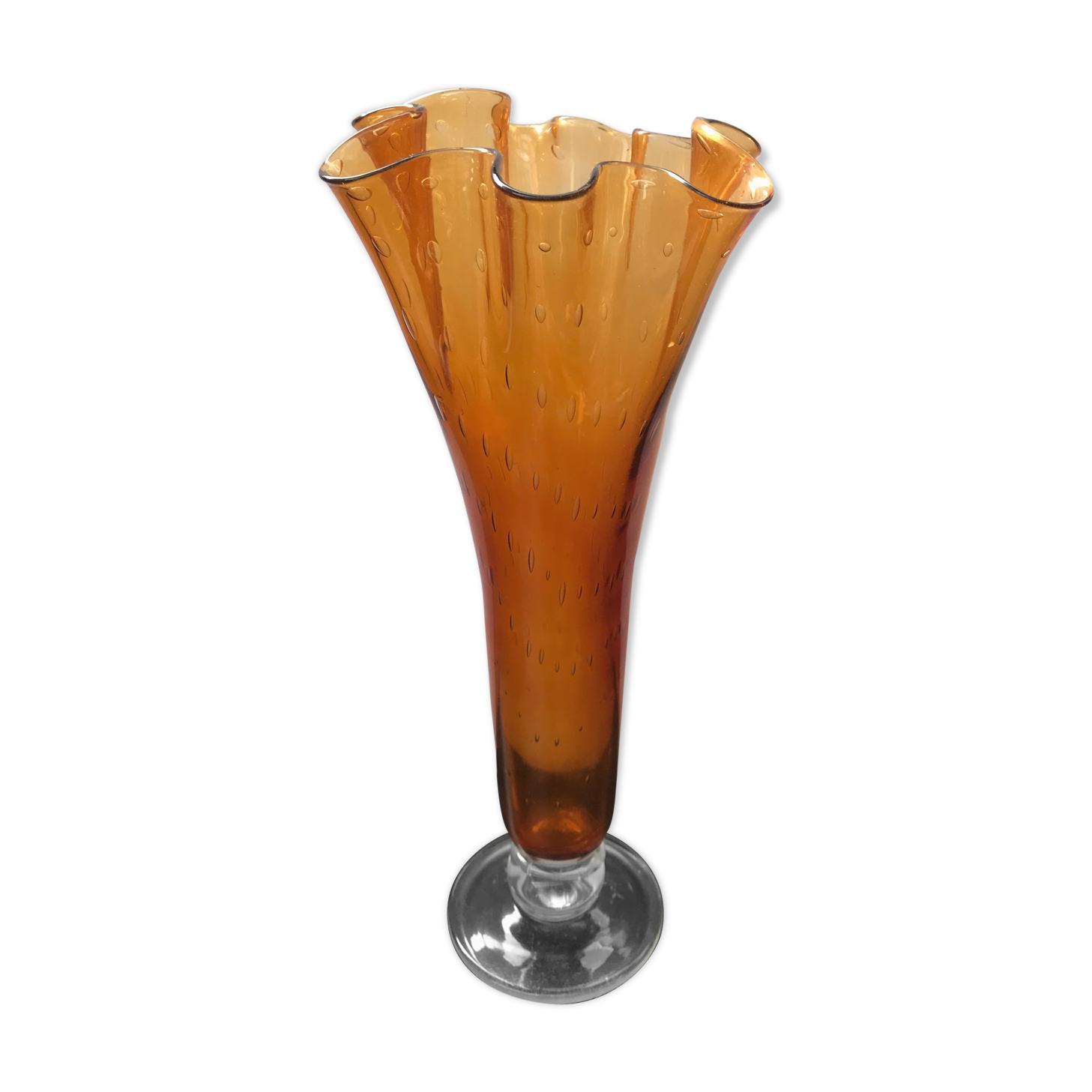 Former orange bullé glass vase col corolle - vintage transparent foot