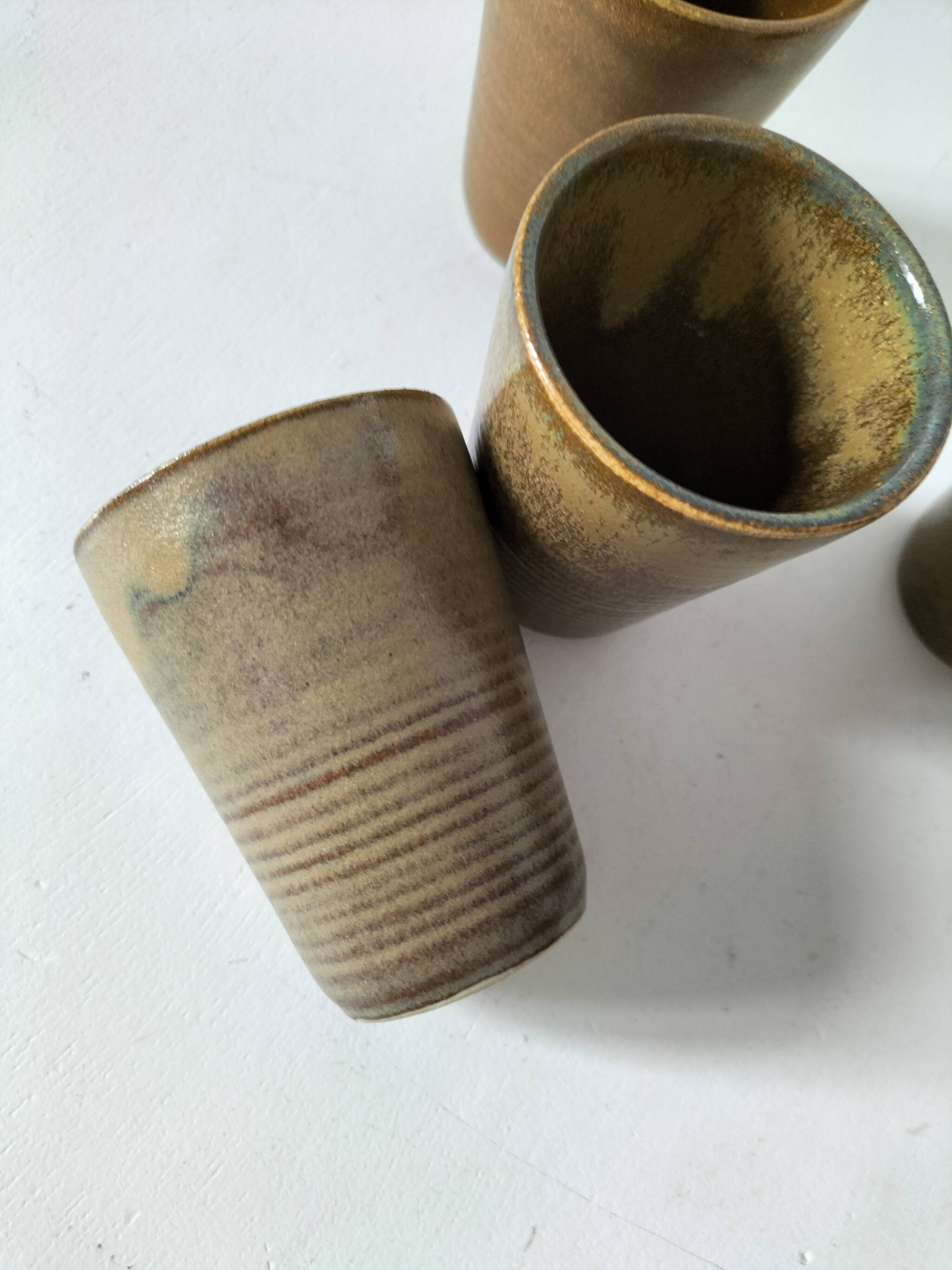 5 speckled stoneware cups from digoin (gp digoin) in brown, 1970s.