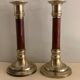 Pair of brass and mahogany wood candle holders