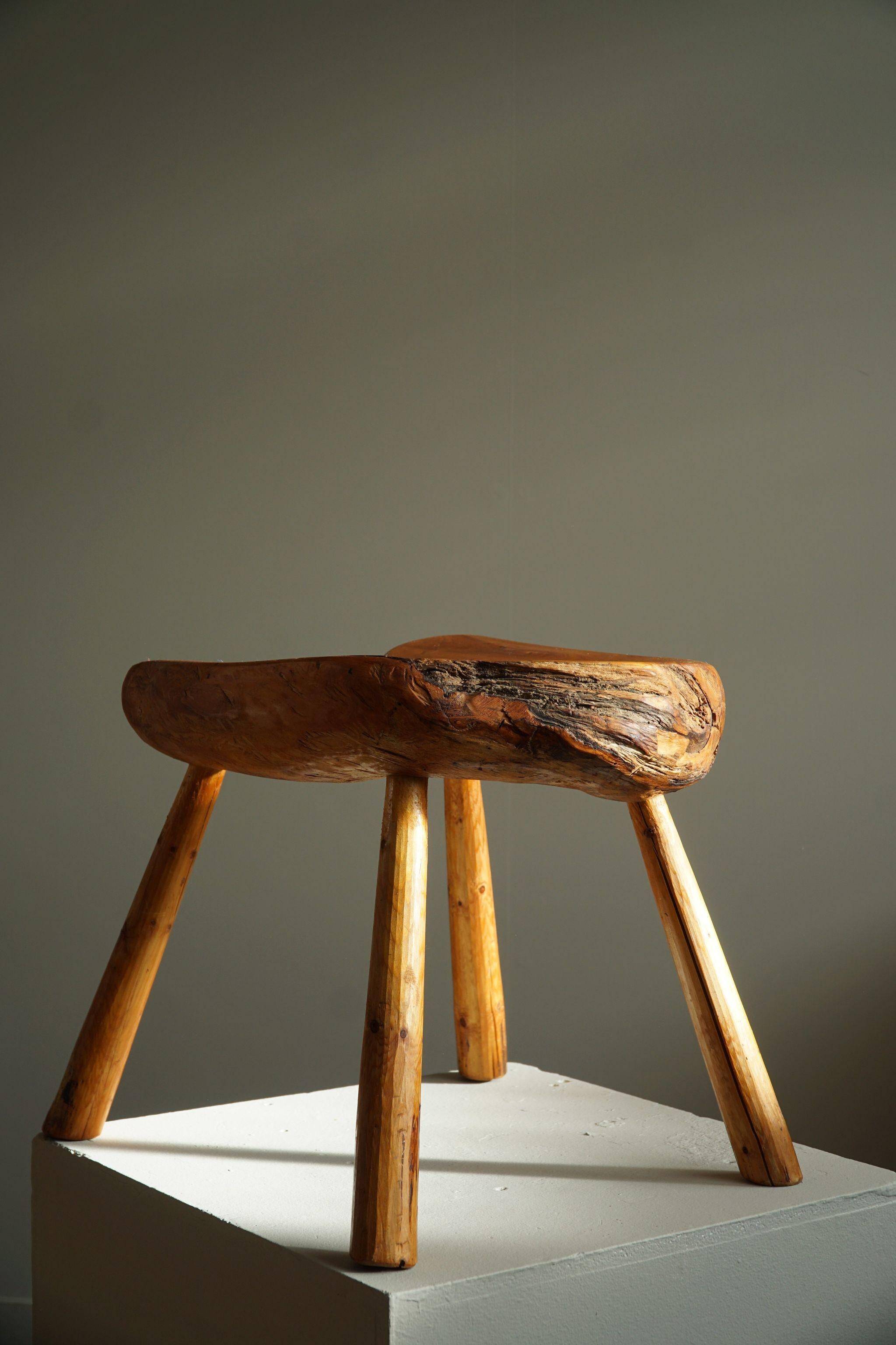 Wabi Sabi stool in solid pine, handmade by a Swedish carpenter, 1950s.