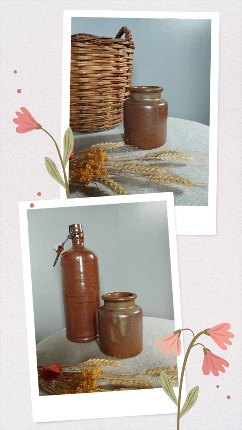 Stoneware pottery duo, bottle + pot, 1950's