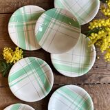 Set of 7 vintage dessert plates, Montréal green model by Salins.
